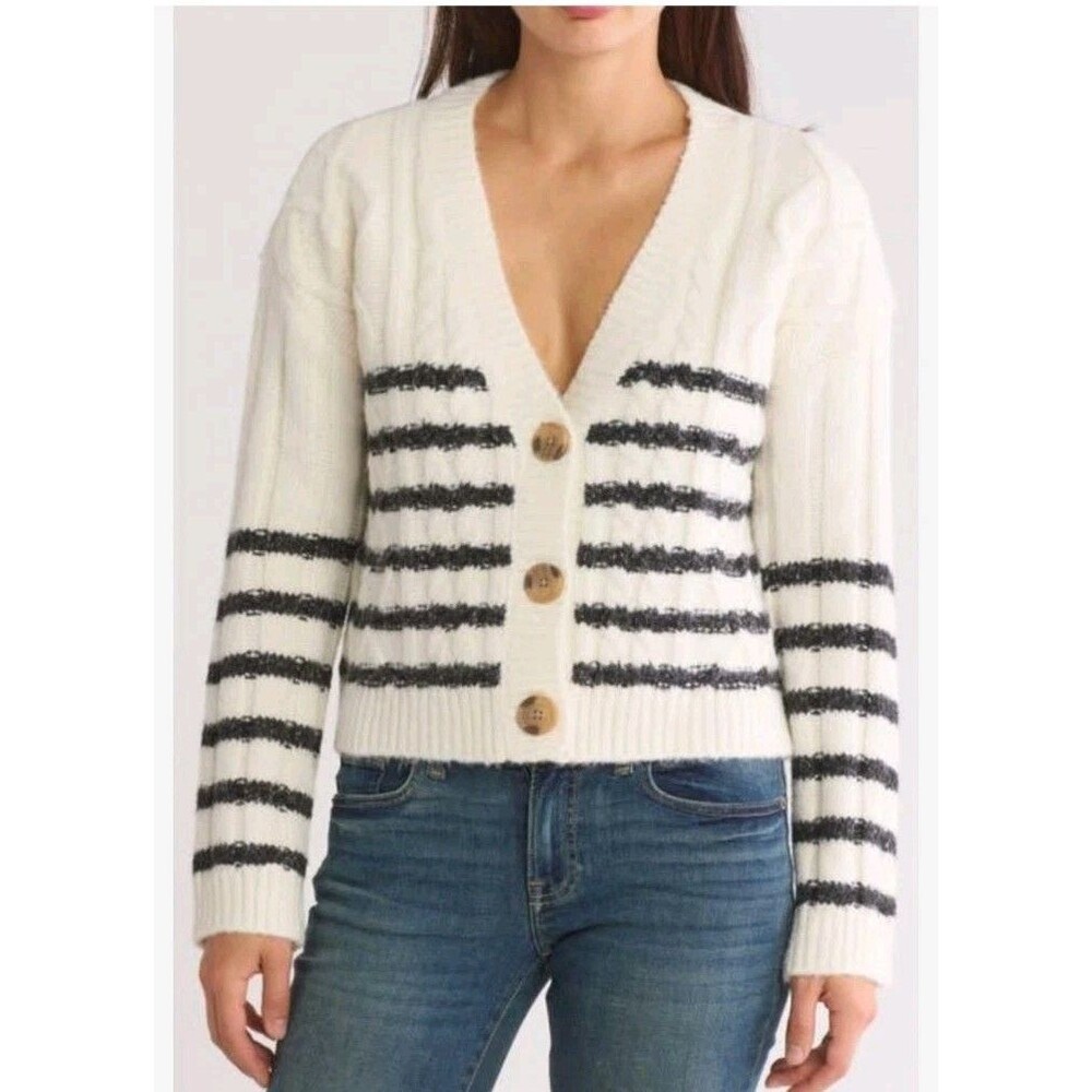 Lucky Brand Striped Cable Knit Black White Cardigan M